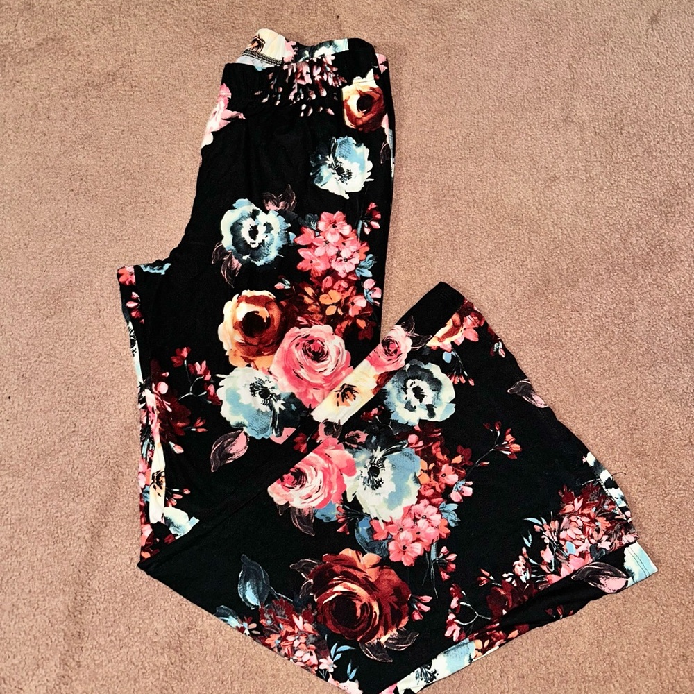 Floral Black Wide Leg Women's Pants